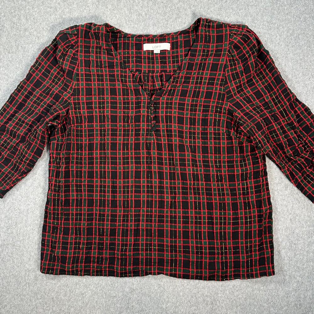 LOFT Shimmer Holiday Plaid Shirred V-Neck Blouse Women's Large 3/4 Sleeve